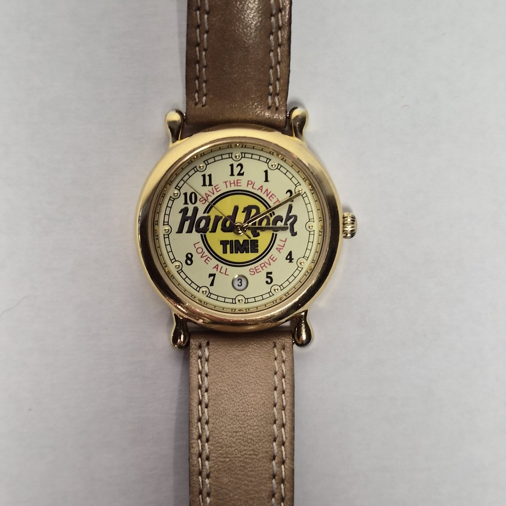 Hard Rock Cafe Gold Tone Watch with Cream Dial and Brown Leather Strap